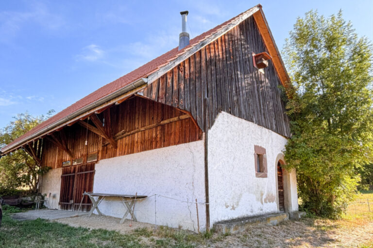 Eine alte Scheune mit Holzfassade und weiss verputztem Sockel unter blauem Himmel.