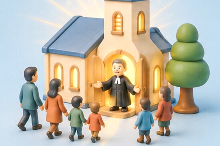 Illustration: Kinder und Erwachsene gehen auf eine leuchtende Spielzeugkirche zu, ein Geistlicher steht im Eingang.