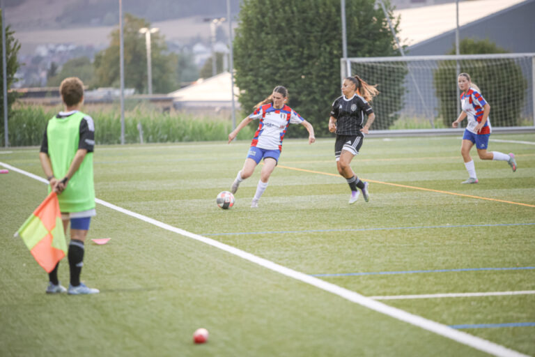 Fussballerinnen laufen einem Ball auf dem Rasen hinterher, im Vordergrund steht ein Linienrichter mit Fahne.