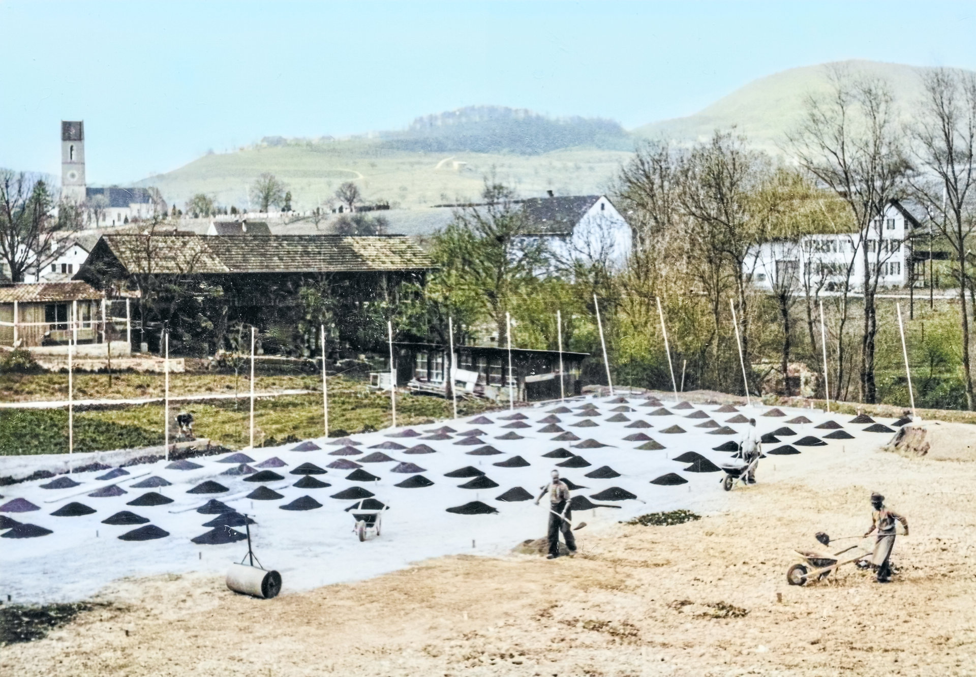 Arbeiter mit Schubkarren auf einem Feld mit Reihen kegelförmiger Erdhaufen, im Hintergrund ein Dorf und Hügel.