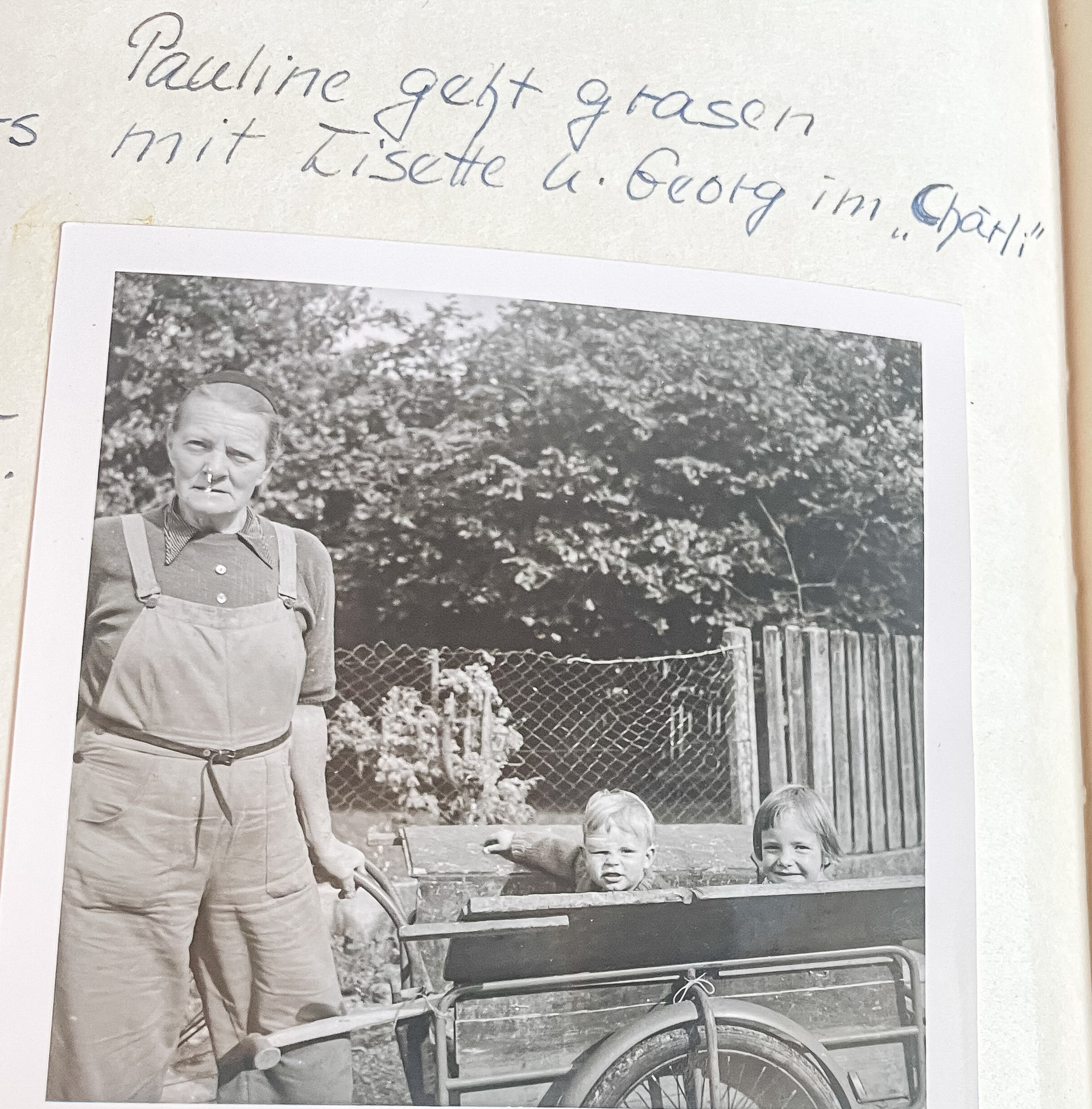 Altes Schwarzweißfoto in einem Album: eine Frau mit Handkarren, darin zwei Kleinkinder, im Garten.